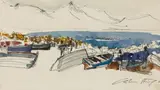 Christine von Huetz-Davisson, Boats on a Beach, Mountains Beyond, pen, ink and watercolour
