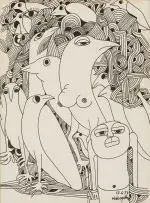 Malangatana Ngwenya, Figures and Birds, ink