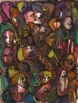 Malangatana Ngwenya, A Crowd, recto; Nude, verso, ink and watercolour on paper