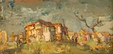 Two Yellow Pondokkies and Dead Tree by Gregoire Boonzaier, oil on panel, sold May 2016