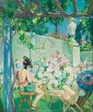 Alfred Palmer, Sunbathers, Lugano, oil on board
