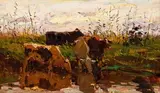 Cattle Watering by Adriaan Boshoff, oil on canvas laid down on board, sold May 2016