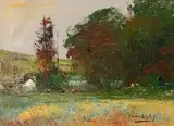 Errol Boyley, Autumnal Landscape with Grazing Cattle, oil on hessian