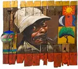 Velaphi (George) Mzimba, Man Smoking a Pipe, mixed media and found objects on wood