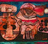 Lucky Sibiya, Figural Composition, carved, incised and painted wood panel