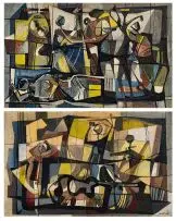 Armando Baldinelli, Figural Compositions, a pair, mixed media on paper laid down on panel