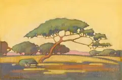 Jacobus Hendrik Pierneef, Umbrella Thorn, oil on hessian