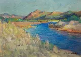 Waterway with Distant Mountains by Hugo Naude, oil on card, sold May 2016