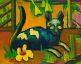 Cat and Flower by Maggie Laubser, oil on canvas laid down on board, sold May 2016