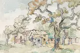 Volkshuisies en Akkerbome by Gregoire Boonzaier, ink, charcoal and watercolour, sold Nov 2015