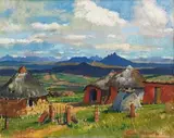 Basotho Village with Distant Mountains by Terence McCaw, oil on canvas, sold Nov 2015
