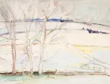 Snowscene near Chamonix by Maud Sumner, pen, ink and watercolour, sold Nov 2015
