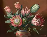 Proteas in an Ornate vase by Willem Hermanus Coetzer, oil on canvas laid down on board, sold Nov 2015