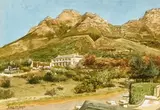 Tinus de Jongh, A Resort, Mountains Beyond, watercolour on card