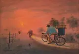 John Koenakeefe Mohl, Cyclists, on a sunset journey, along a country road, near Pochefstroom (S.A.), oil on board