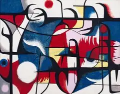 Jack Heath, Thornveld in Red and Blue, enamel on board