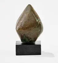 Ezrom Legae, Head, bronze with a brown and verdigris patina, mounted on a wooden base