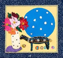 Bronwen Findlay, Still Life with Beaded Animal, oil on canvas, in the artist's hand painted frame