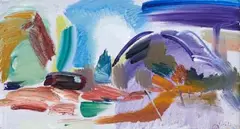 Ivon Hitchens, Landscape with a caravan and apple trees, oil on canvas