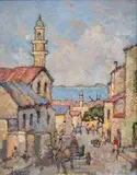 Straat met Donkiekar en Tafelbaai, Dist. Ses, Kaapstad by Gregoire Boonzaier, oil on canvas, sold Nov 2015