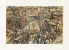 Ephraim Ngatane, Township Scene, pen, ink, pastel and watercolour