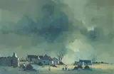 Mel Brigg, Labourers' Cottages Under Stormy Skies, oil on board