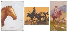 Allerley Glossop, Basutho Pony and Rider; Horse's Head; Rider with Cattle (linocut), oil on cardboard (2); linocut