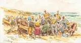Adriaan Boshoff, Unloading the Days Harvest, watercolour and charcoal on card