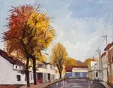 David Botha, Street Scene after the Rain, oil on board