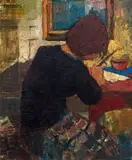 Frank Spears, Woman at a Desk, oil on board