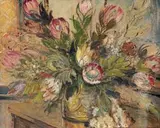 Alice Tennant, Still Life with Proteas (recto); Three Fauns (verso), oil on board