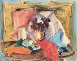 Flowers, Fruit and Fabric by Maud Sumner, pen, ink and watercolour, sold Jun 2015