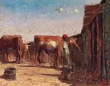 Adriaan Boshoff, Feeding the Cattle, oil on canvas laid down on board