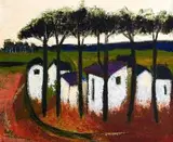 Pieter van der Westhuizen, Cottages under Trees, oil on canvas