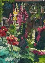 Opium Poppies, Foxgloves, Sparrows Feeding in the Background by George Rowlett, oil on canvas, sold Jun 2015