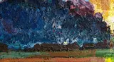 George Rowlett, Sunrise at Rotherhithe, Dark Clouds and Cranes, oil on canvas