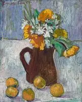Freida Lock, Still Life with Spring Flowers and Fruit, oil on panel