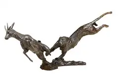 Dylan Lewis, Leopard Chasing Bush Buck, Life-Size, bronze with a dark brown patina