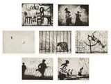 William Kentridge, Zeno II: including Planes; Chairs; Soldiers/Italian Front; Prosthetic Leg; Caged Panther; Bowlers and Man/Woman, suite of 7 photogravures with drypoint, from 2 copper plates