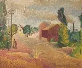 Cecily Sash, Figures Beside a Road, oil on board