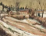 Farm in Winter by Maud Sumner, pen, ink and watercolour, offered Nov 2014