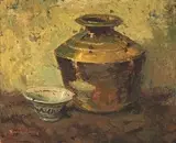 Still Life with Copper Pot and Porcelain Bowl by Adriaan Boshoff, oil on canvas, offered Nov 2014