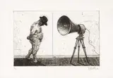William Kentridge, Man with Megaphone, etching and pencil crayon on paper