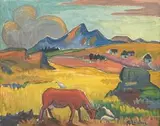 Landscape with Cow, Huts and Mountains by Maggie Laubser, oil on artist’s board, sold Nov 2014