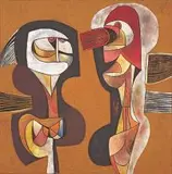 Conversation by Cecil Skotnes, carved, incised and painted wood panel, sold Nov 2014