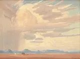 Karoo Reën by Jacobus Hendrik Pierneef, oil on card, sold Nov 2014