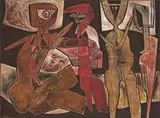 Four Figures by Cecil Skotnes, carved, incised and painted wood panel, sold Nov 2014