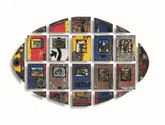 Willie Bester, In My World, ten paintings: oil on canvas laid down on board in the artist's handmade metal frames, with a further twelve shaped and painted steel frames to complete the ovular form