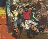 Ephraim Ngatane, Gumboot Dancers, oil and sand on board