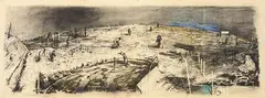 William Kentridge, Extensive Landscape with Figures and Swimming Pool, charcoal and pastel on paper